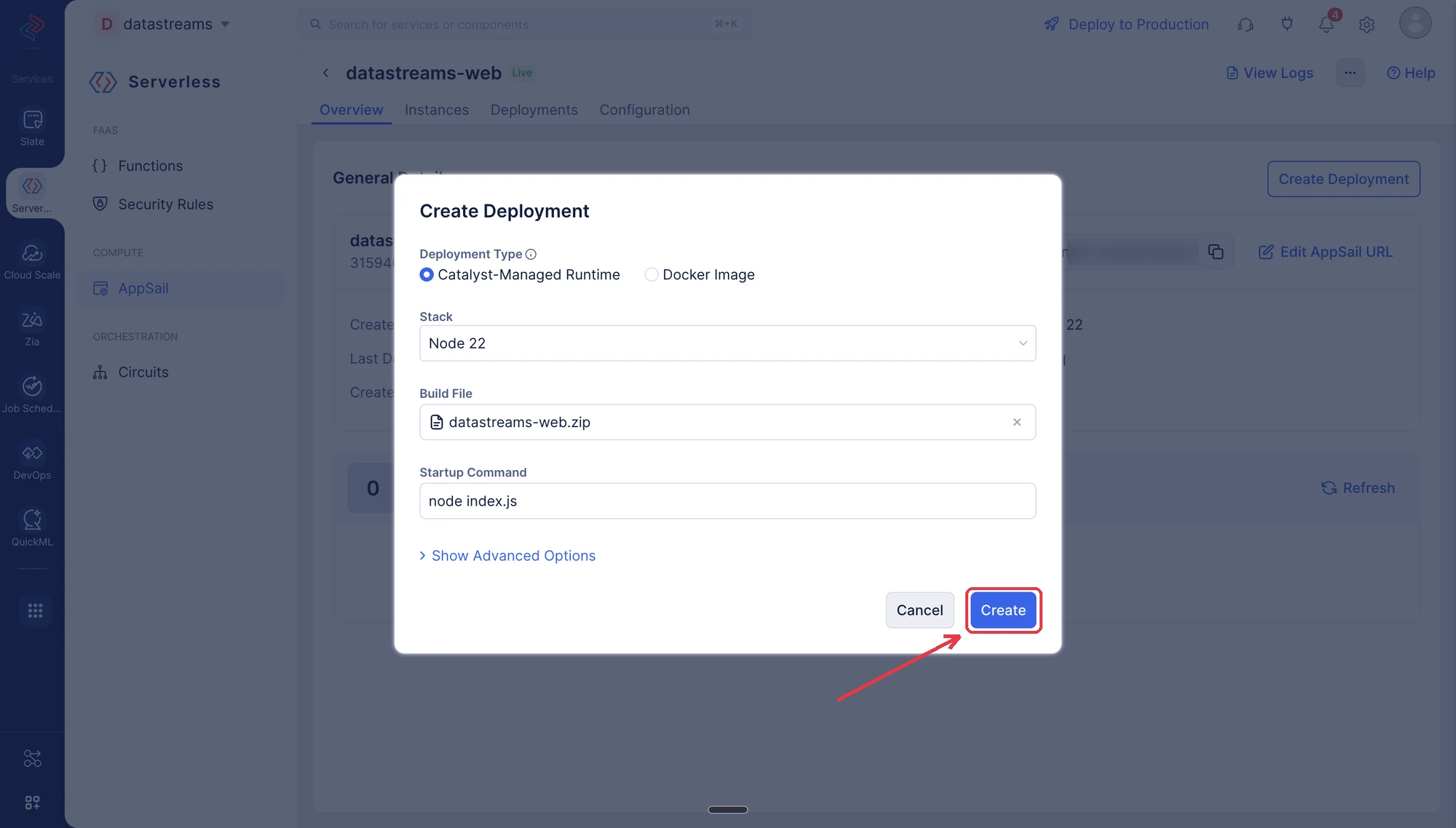 AppSail - Create Deployment pop-up