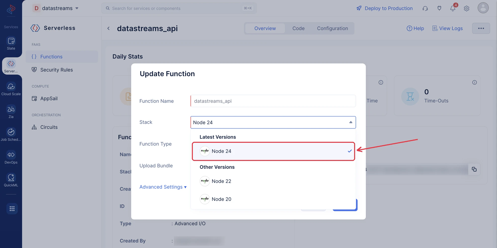 Functions - Select the Node.js runtime