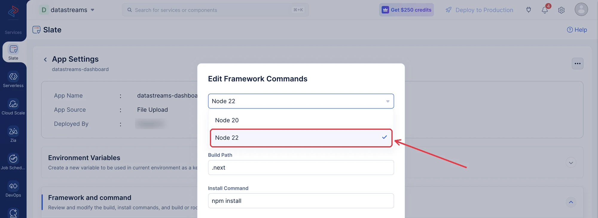 Slate - Select the Node.js runtime