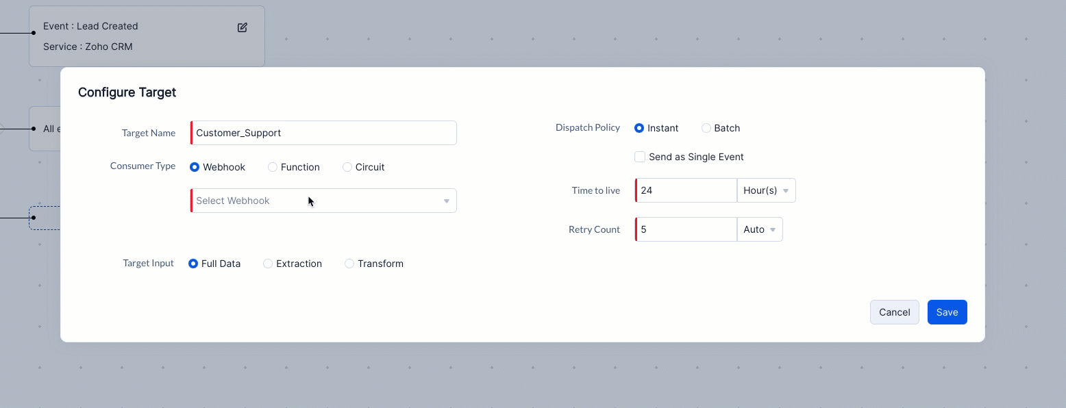 Placeholders in the target configuration page
