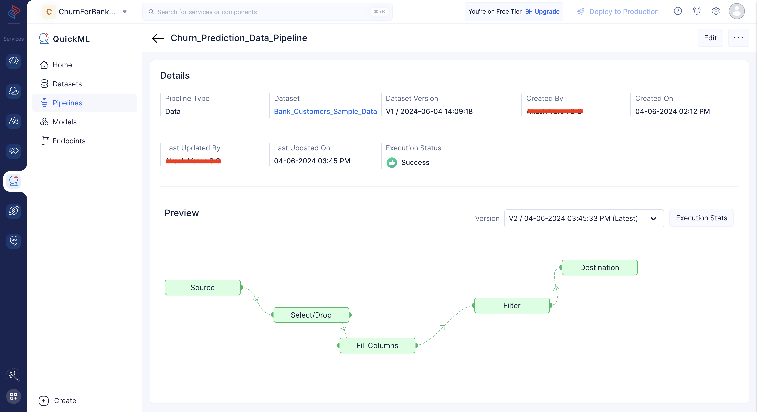 Executed data pipeline