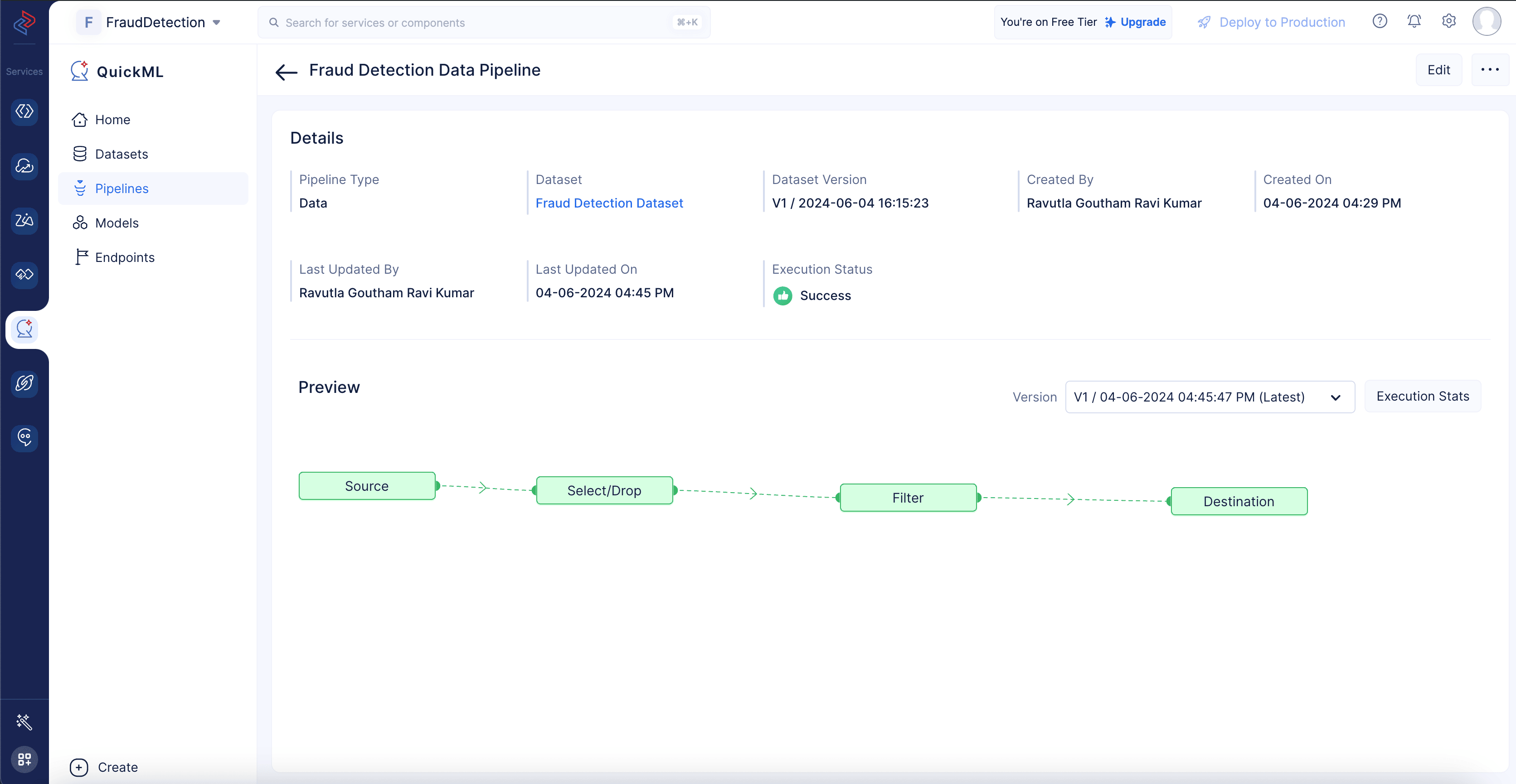 Executed data pipeline