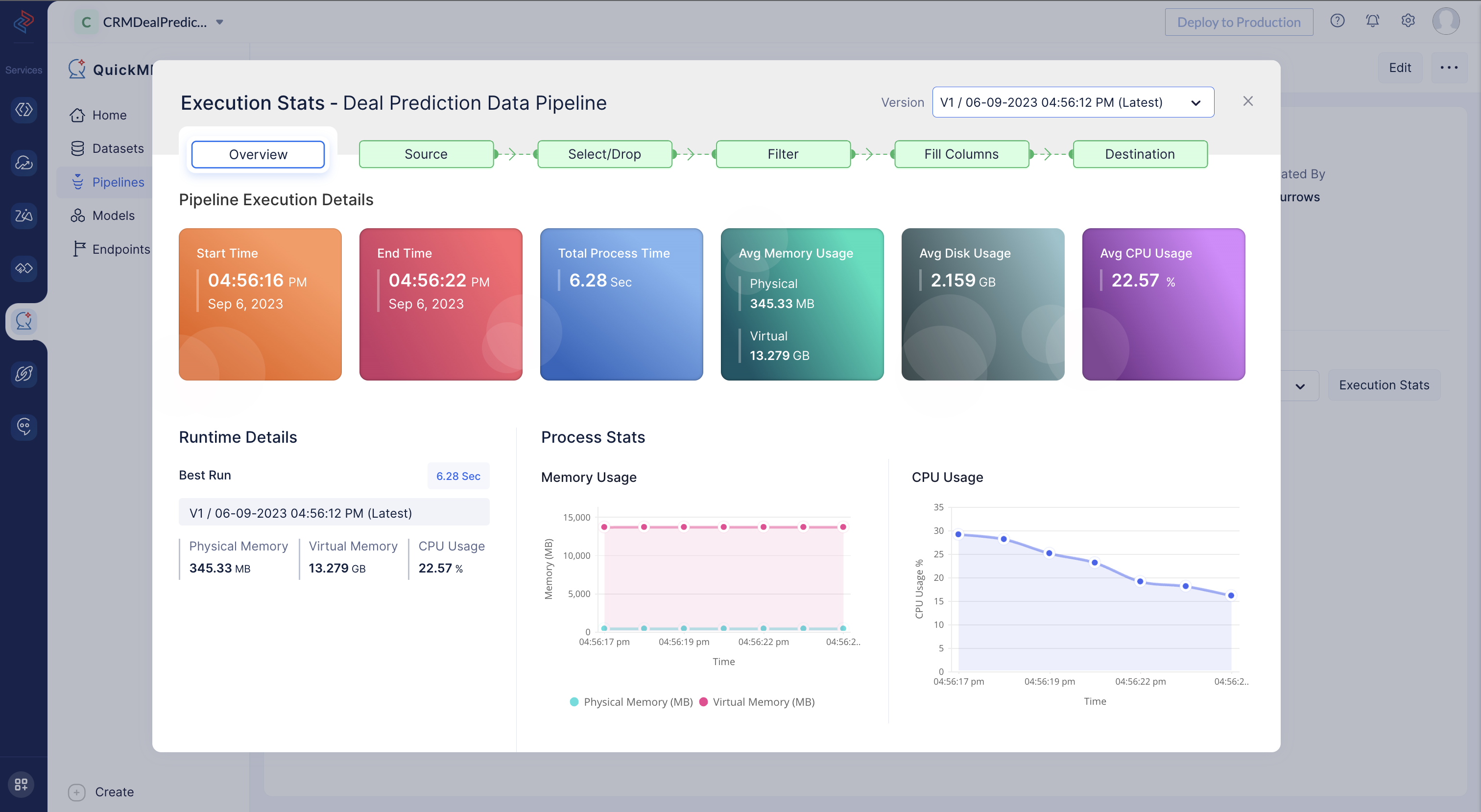 Execution stats for data pipeline