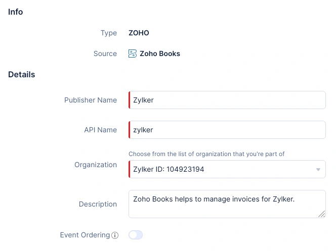 Configure Zoho Books Publisher