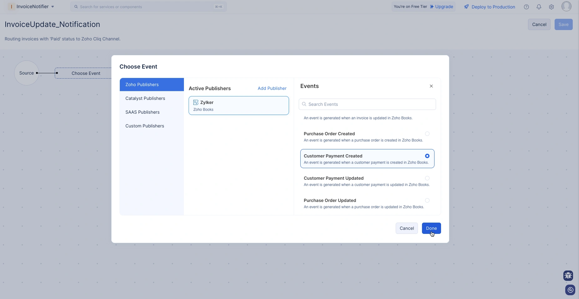 Configure the publisher and event for the rule