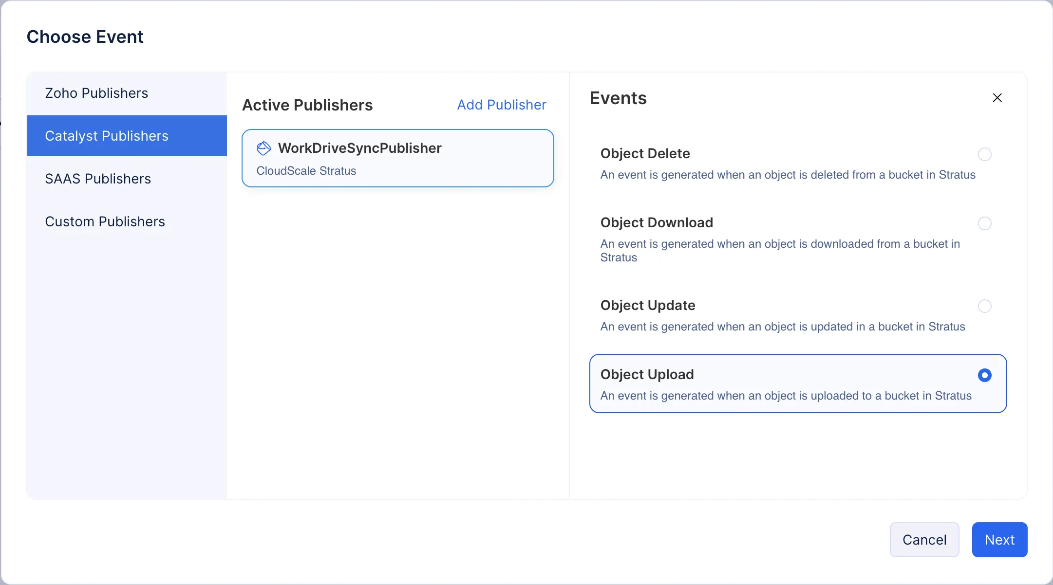 Choose event and select catalyst publisher